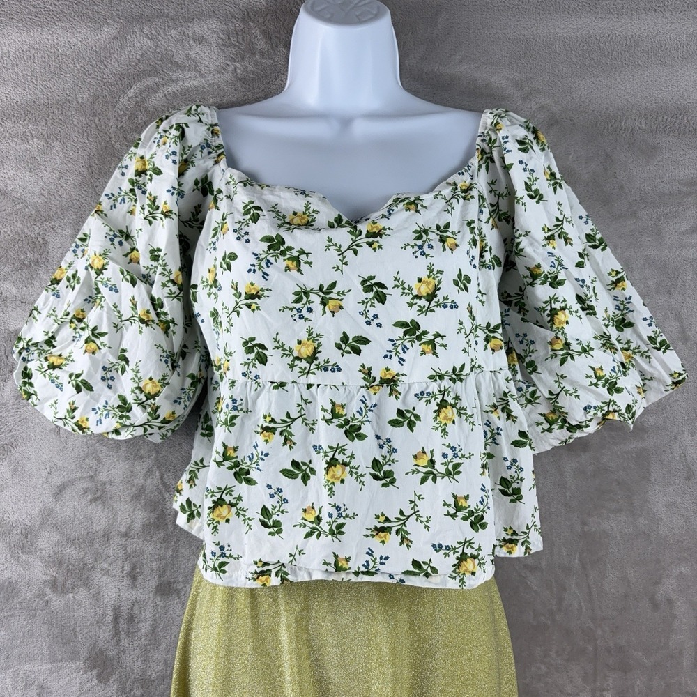 Faithfull The Brand Quincy Floral Cropped Blouse‎ Womens Size XL White Yellow